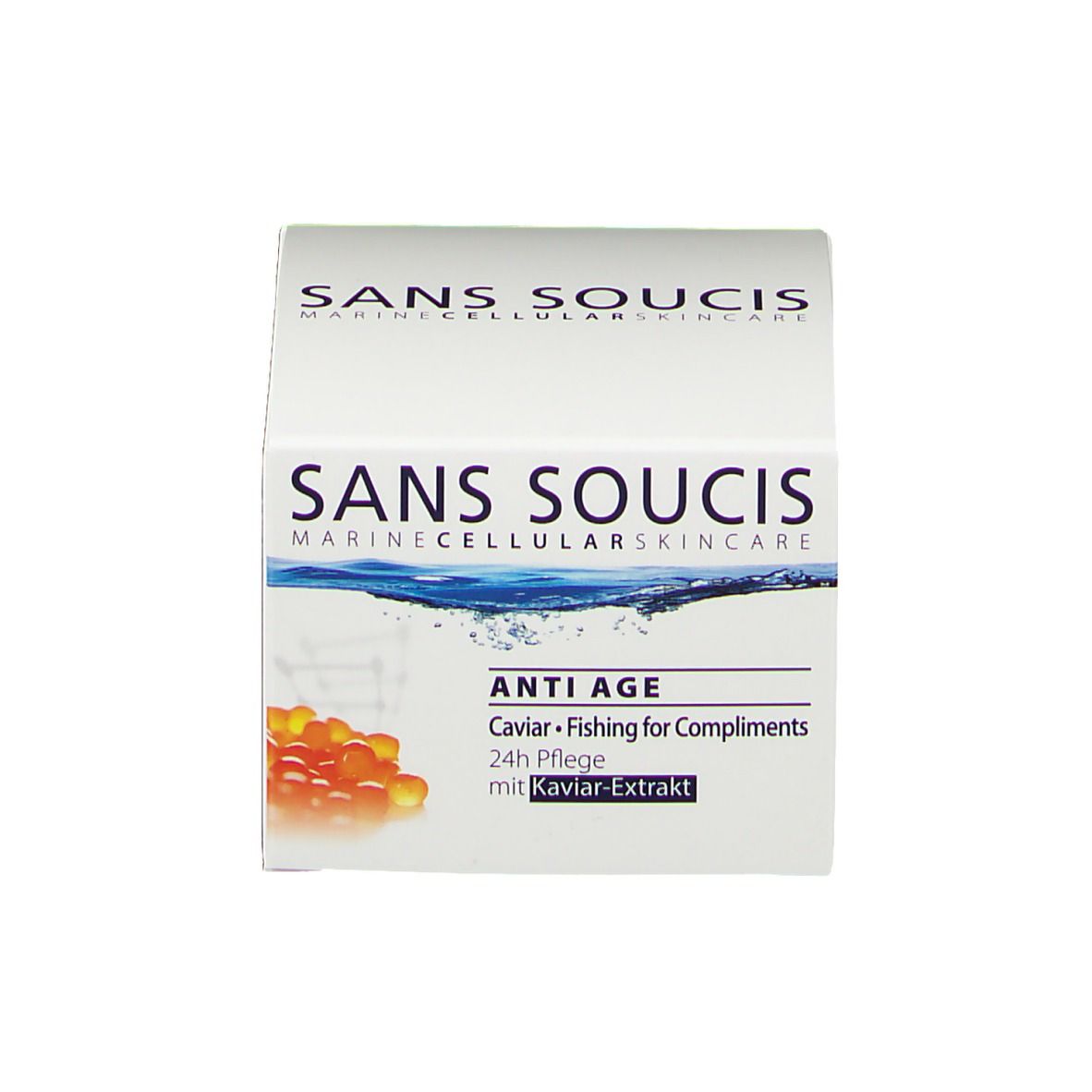 Karton. Aufschrift: SANS SOUCIS, ANTI AGE, Caviar, 24h Pflege. Mit Kaviar-Extrakt.
