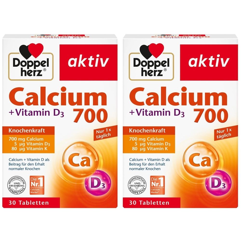 Zwei Packungen Doppelherz aktiv Calcium 700 + Vitamin D3. Aufdruck: Calcium + Vitamin D3 700, 30 Tabletten. Mit Ca und D3 Symbolen.