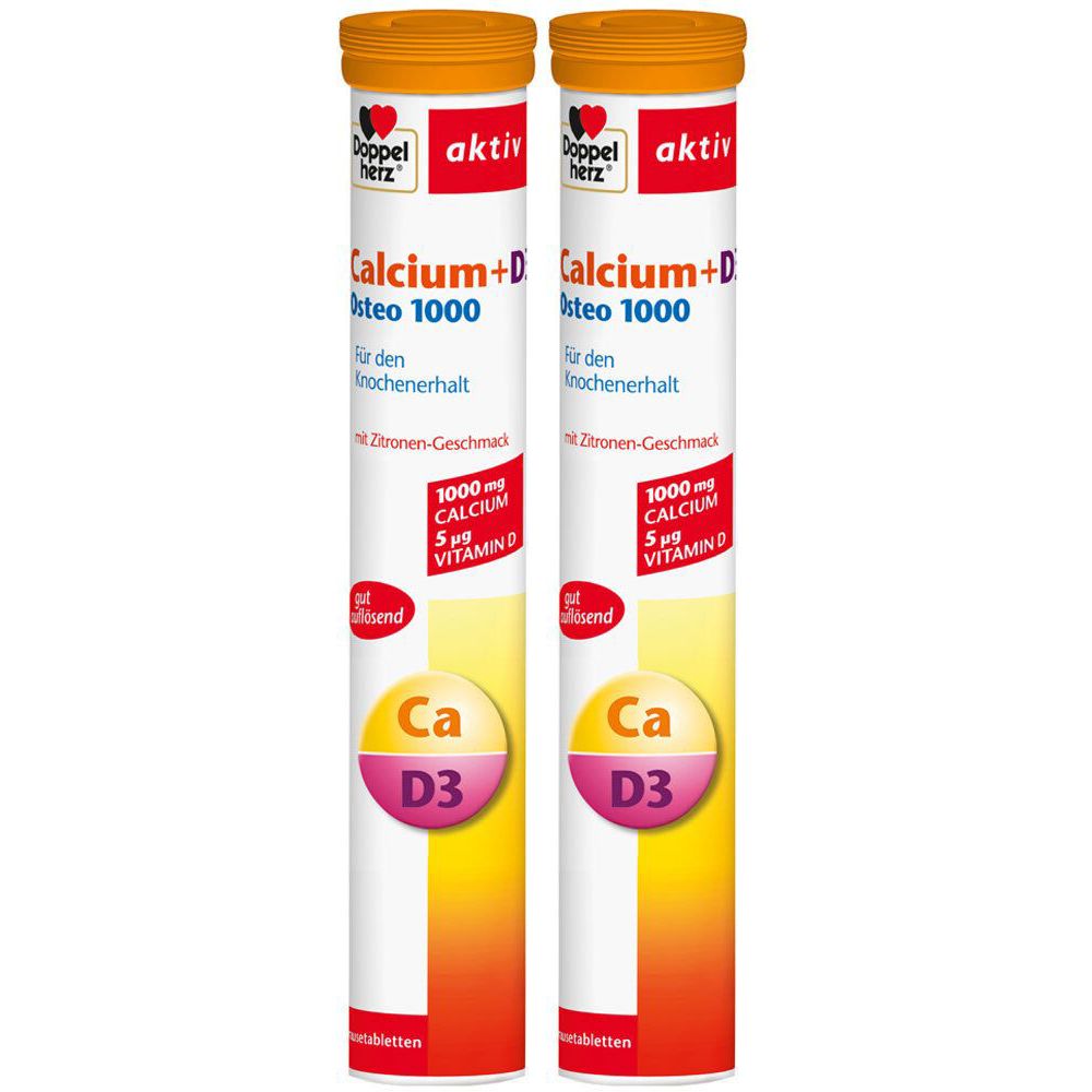 Zwei zylindrische Behälter. Aufschrift: Doppelherz aktiv Calcium+D Osteo 1000. Enthält Calcium und Vitamin D. Mit Zitronen-Geschmack.