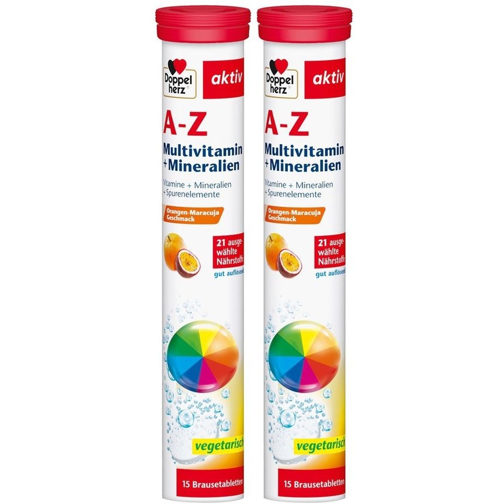 Zwei zylindrische Röhren mit rotem Deckel. Aufschrift: A-Z Multivitamin + Mineralien. Enthält 21 Nährstoffe. Vegetarisch. 15 Brausetabletten.