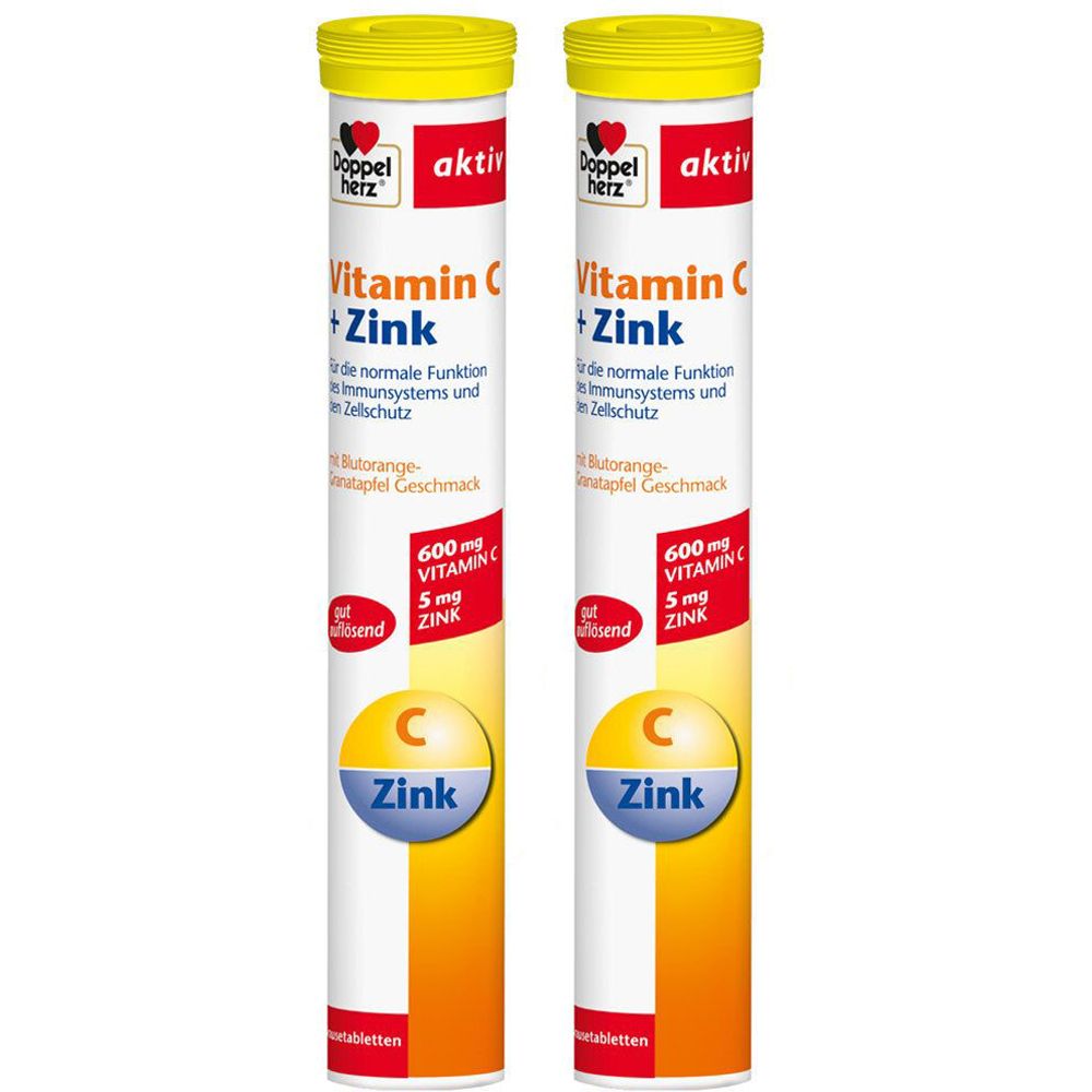 Zwei Tuben Doppelherz aktiv Vitamin C + Zink Brausetabletten. Gelbe Deckel, weiße Röhren mit Produktinformationen.