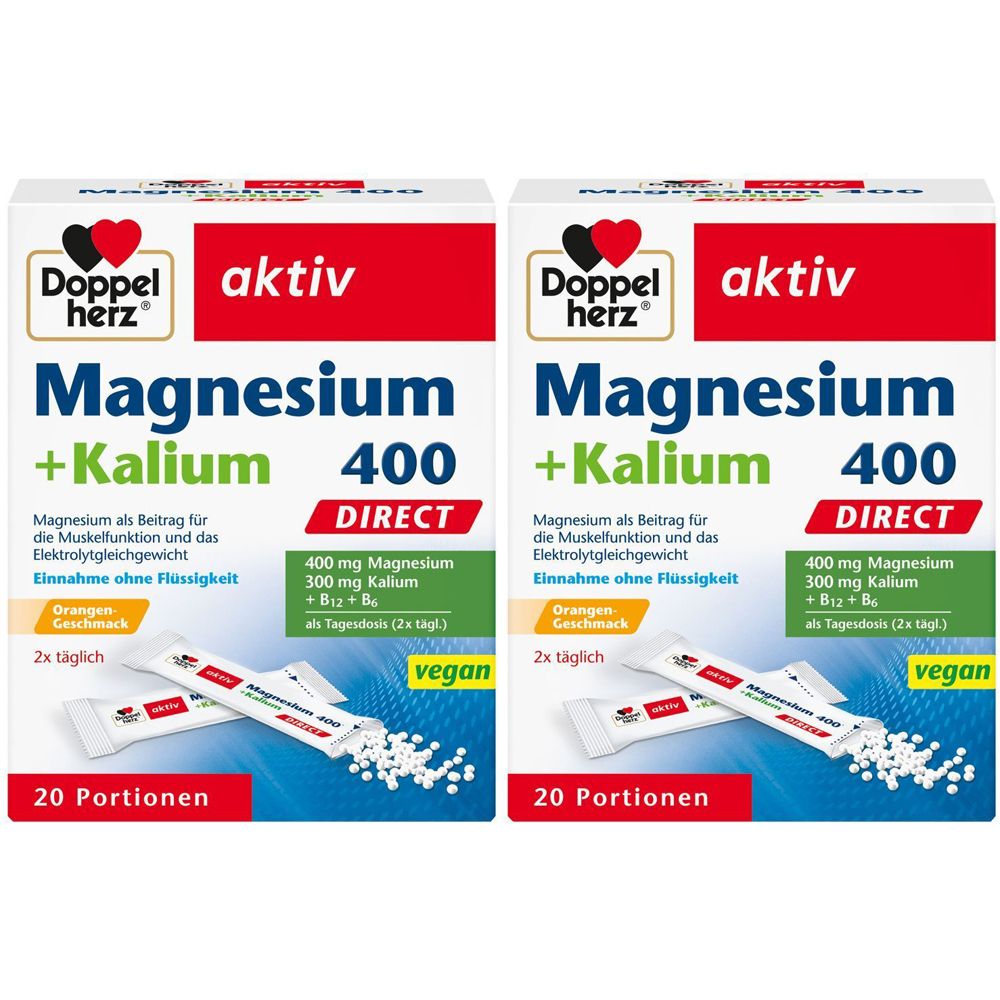 Zwei Packungen Doppelherz aktiv Magnesium + Kalium 400 DIRECT. Aufschrift: 20 Portionen, vegan. Einzelne Sticks und Produktinformationen.