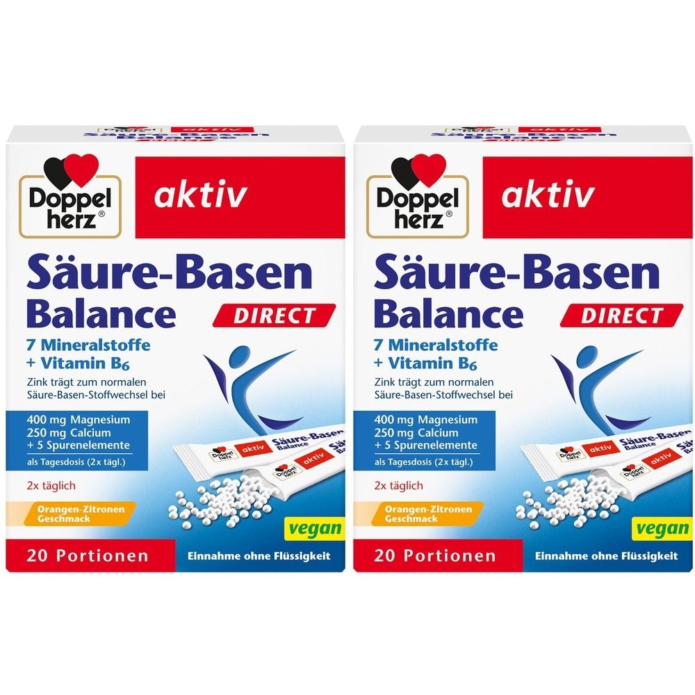 Zwei Packungen Doppelherz Säure-Basen Balance Direct. Weiße Schachteln mit roter und schwarzer Schrift. Enthält 20 Portionen, vegan.