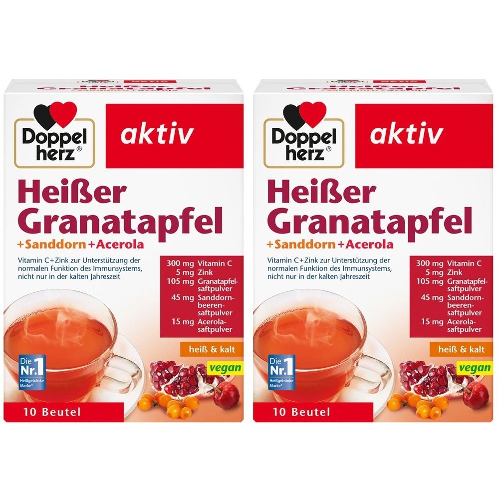 Zwei Packungen Doppelherz aktiv Heißer Granatapfel + Sanddorn + Acerola. Aufdrucke: Vitamin C, Zink, vegan, 10 Beutel.