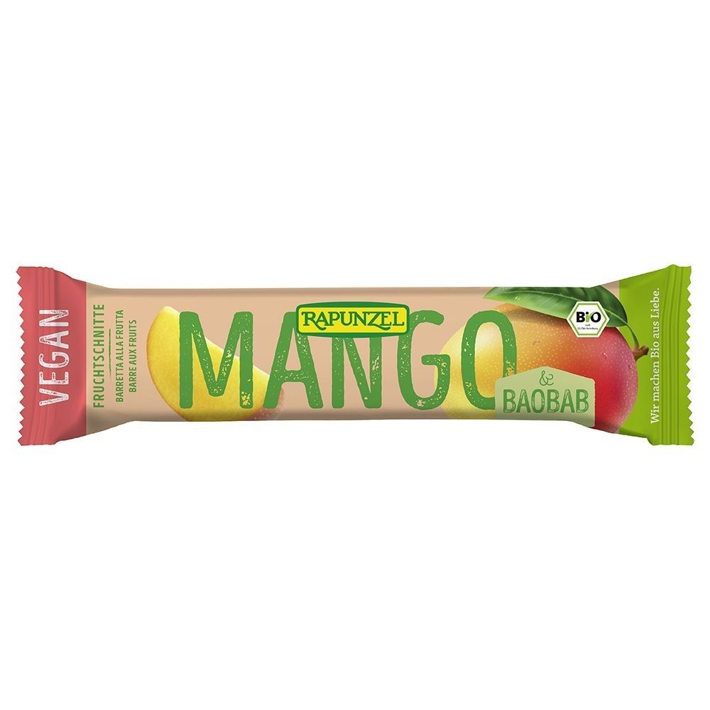 Verpackung einer Fruchtschnitte mit Mango und Baobab. Aufschrift: RAPUNZEL MANGO & BAOBAB, BIO, VEGAN. Grün-braune Verpackung mit Frucht-Illustration.