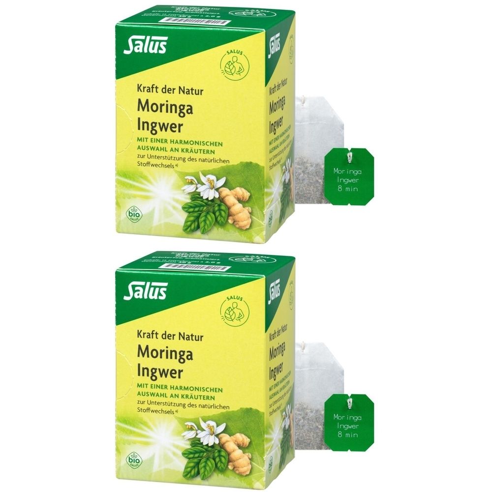 Zwei Schachteln Salus Moringa Ingwer Tee. Gelbe Verpackung mit Produktnamen und Illustrationen. Bio-Siegel.