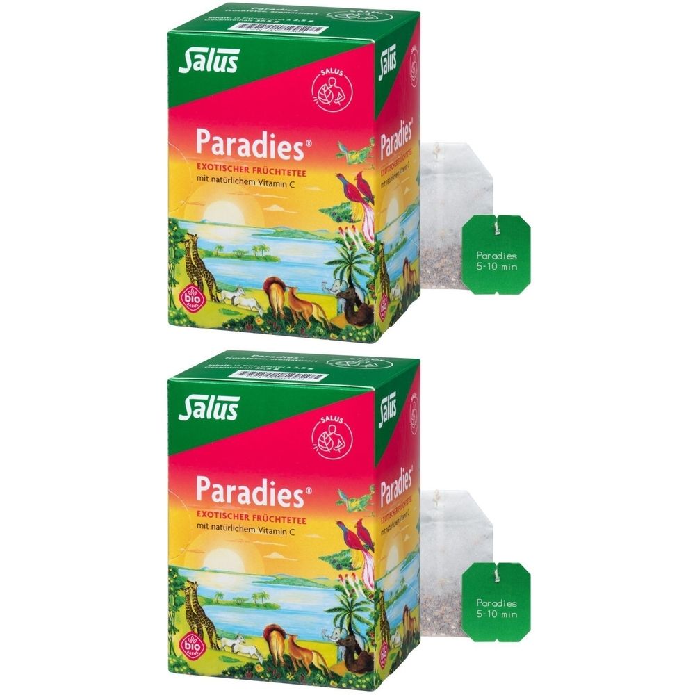 Zwei Schachteln Salus Paradies Tee. Aufdruck: Paradies, exotische Früchtetee mit natürlichem Vitamin C. Bio-Siegel.