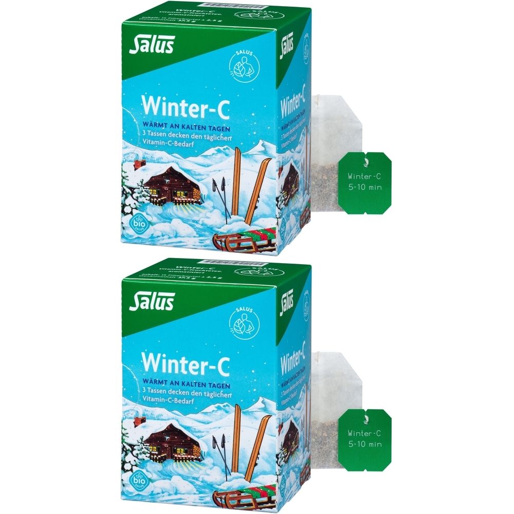Zwei Kartons mit Salus Winter-C Tee. Auf den Kartons steht Winter-C, ein Wintermotiv und das Salus Logo. Daneben zwei Teebeutel mit Etikett.