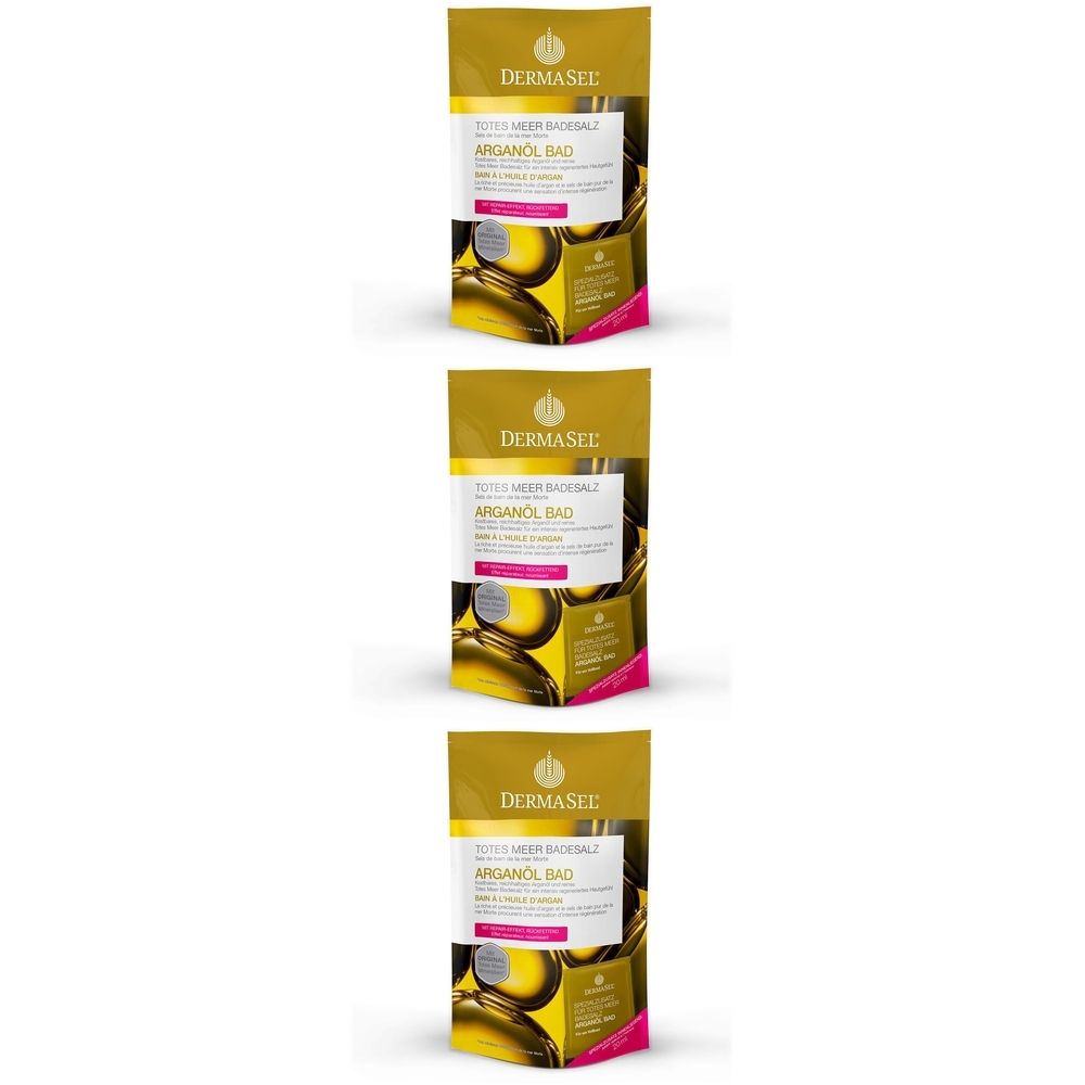 Drei Beutel mit goldfarbenem Hintergrund. Auf jedem Beutel steht "DERMASEL" und "Totes Meer Badesalz Arganöl Bad".