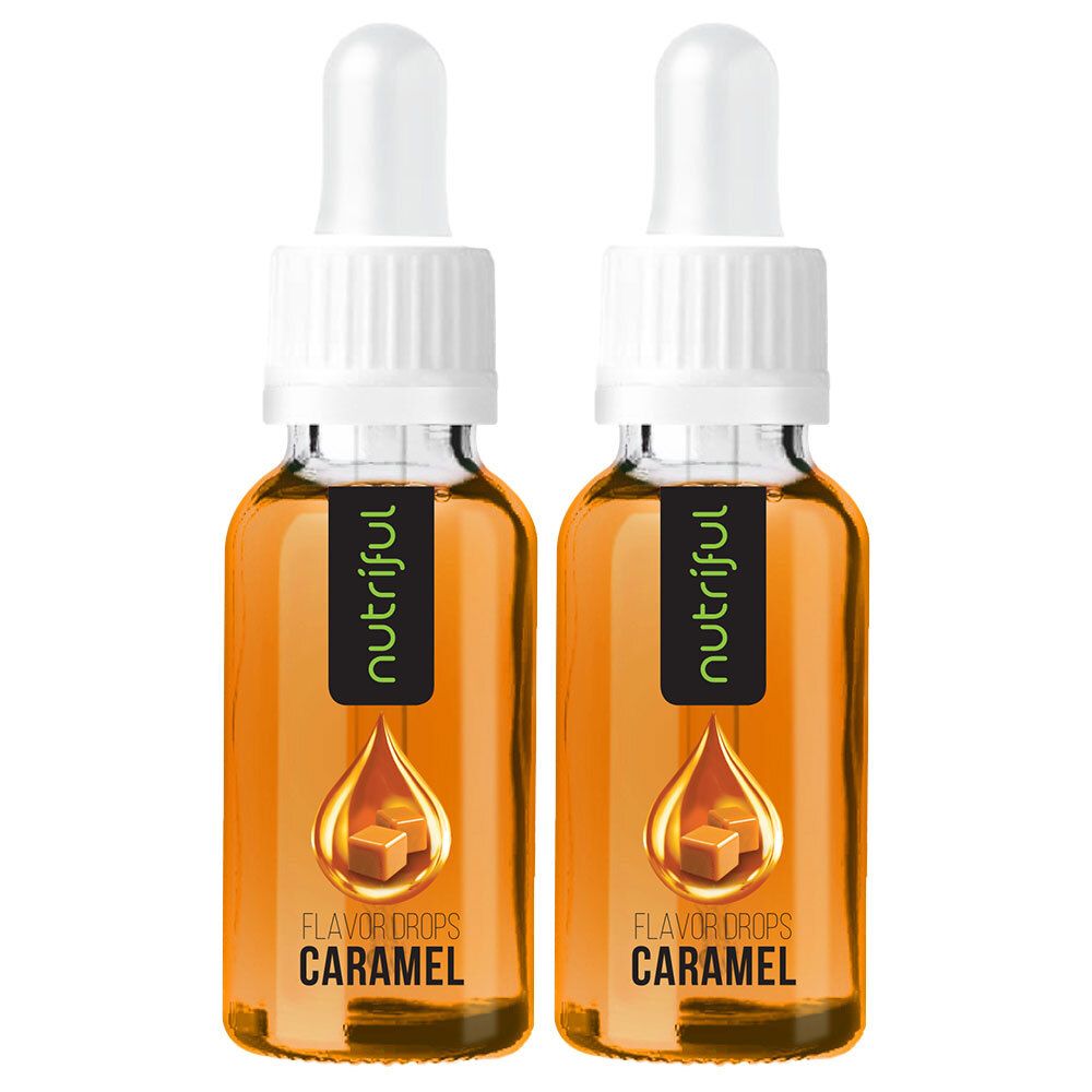 Zwei Fläschchen mit brauner Flüssigkeit und weißen Pipetten. Aufkleber mit "nutriful" und "CARAMEL".