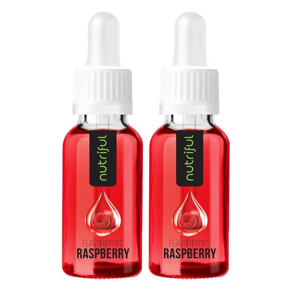 Zwei Fläschchen mit roter Flüssigkeit und Pipetten. Aufkleber mit "nutriful" und Himbeer-Abbildung.