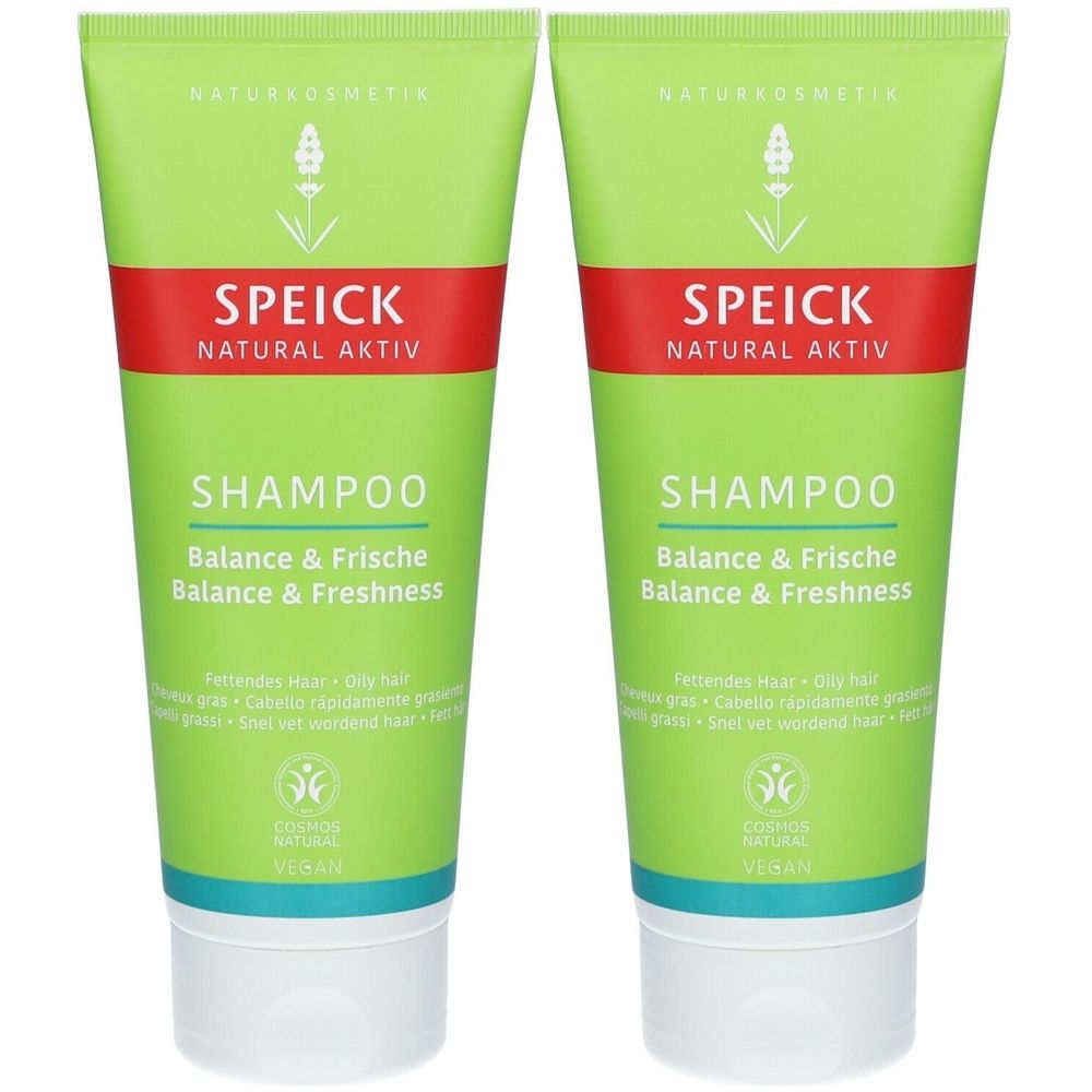 Zwei grüne Tuben Shampoo mit rotem Streifen und weißem Verschluss. Aufschrift: SPEICK, NATURAL AKTIV, SHAMPOO, Balance & Frische.