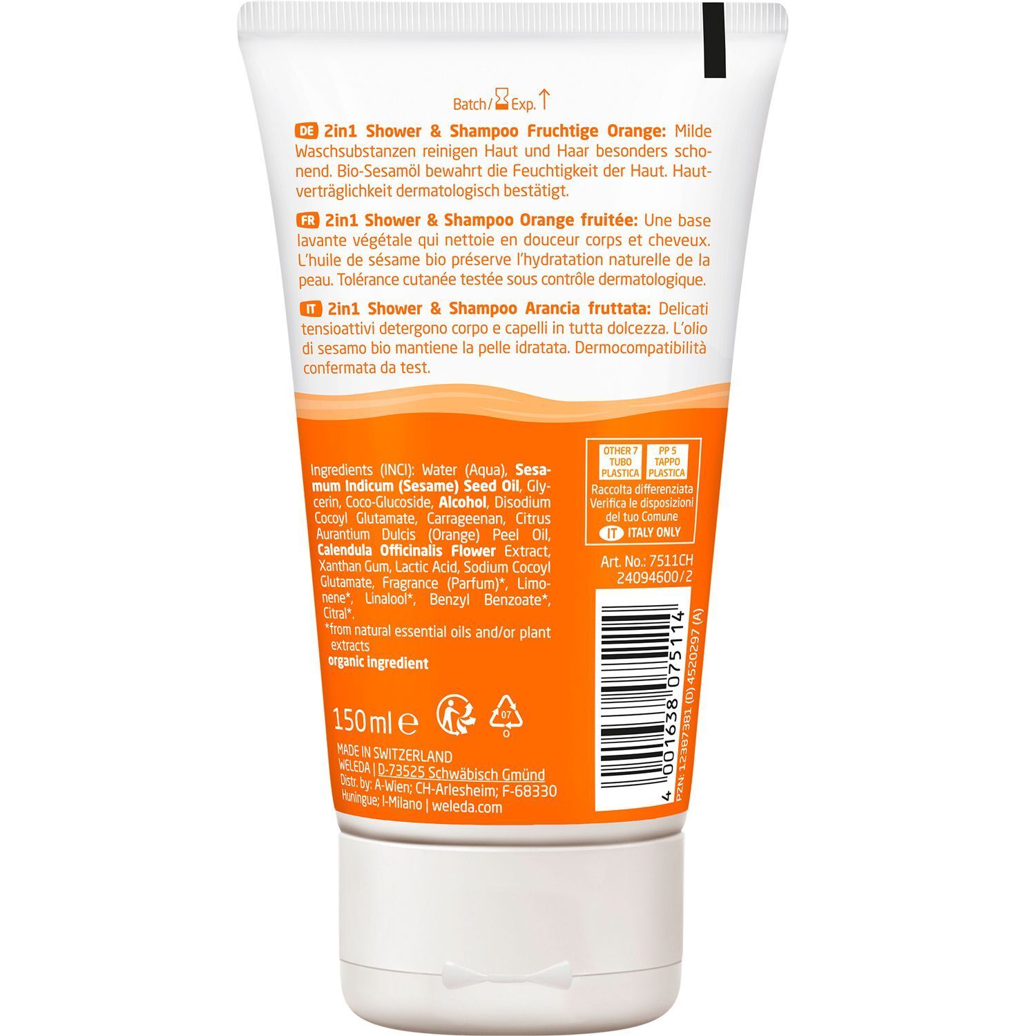 Rückseite einer Weleda 2in1 Duschgel & Shampoo Fruchtige Orange Tube mit Inhaltsstoffen und Bio-Siegel.