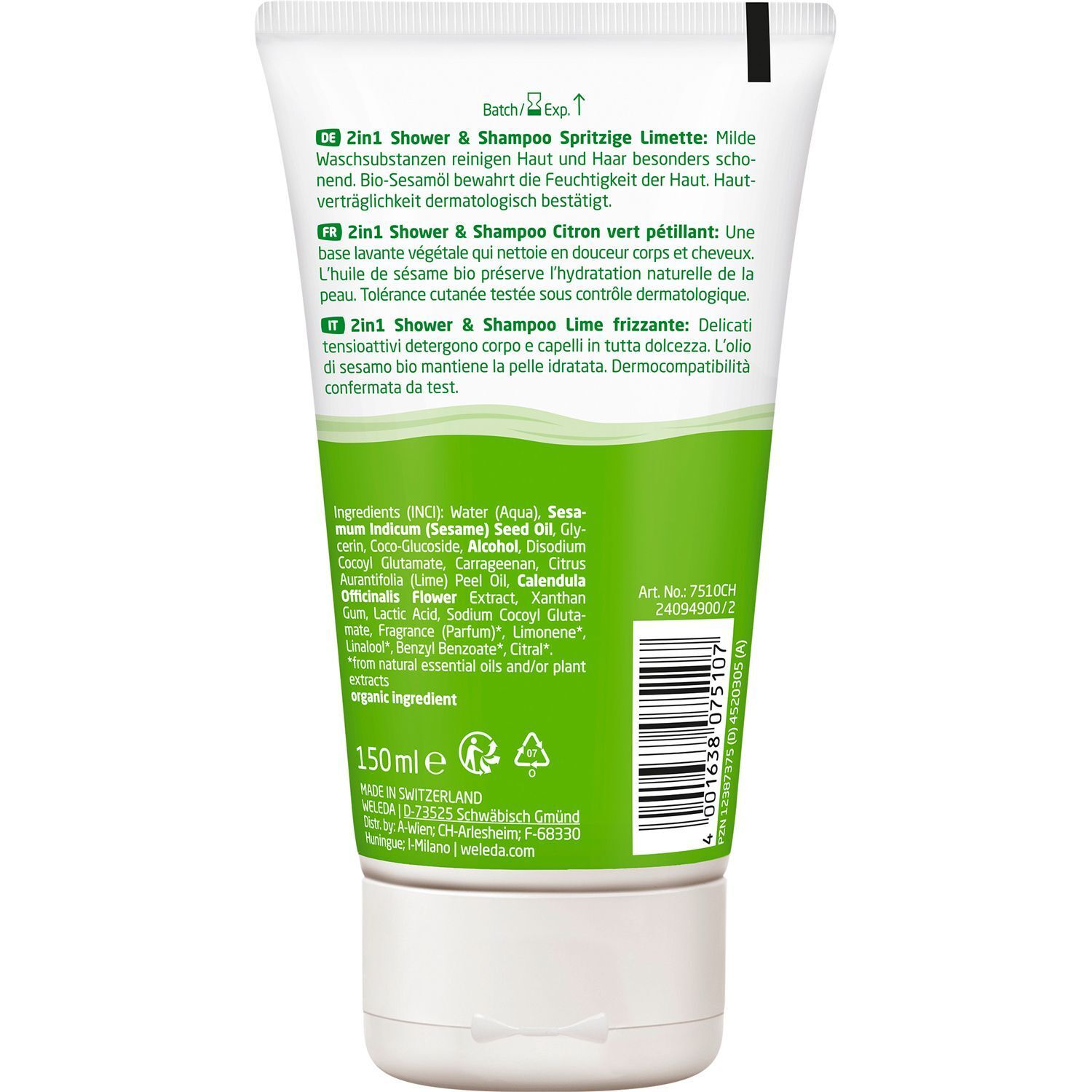 Rückseite einer Weleda 2in1 Dusch- & Shampooflasche mit Inhaltsstoffen und Anwendungshinweisen.