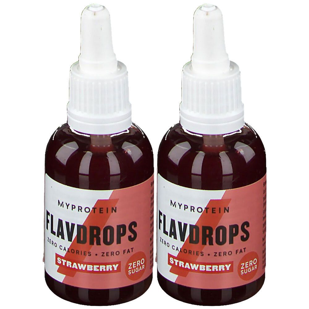 Zwei Flaschen mit roter Flüssigkeit. Auf den Etiketten steht "MYPROTEIN FLAVDROPS", "Erdbeere" und "Zero Sugar".