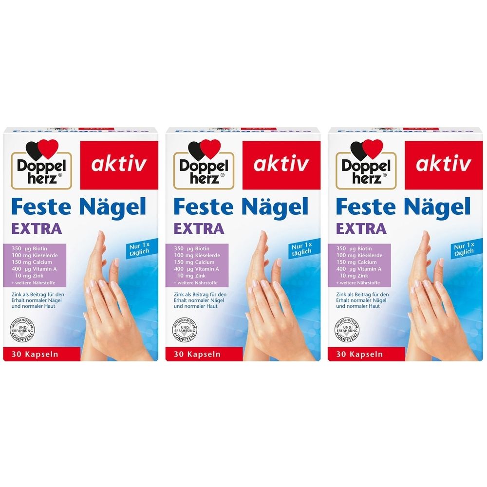 Drei Schachteln Doppelherz aktiv Feste Nägel EXTRA. Auf jeder Schachtel sind Hände abgebildet. Aufschrift: 30 Kapseln.