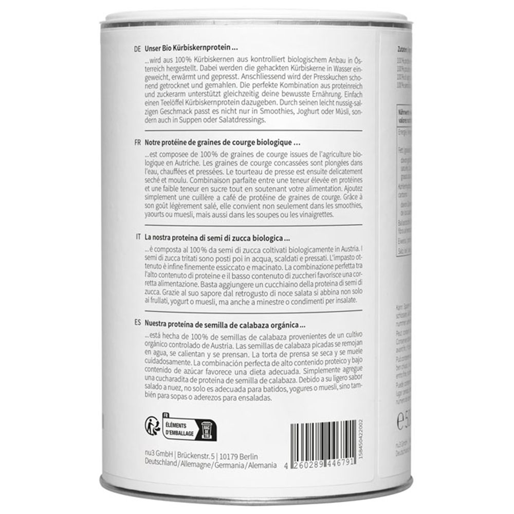 Zylinderförmige Dose mit Text. Aufschrift: nu3 Kürbiskernprotein. Rückseite mit mehrsprachigem Text.