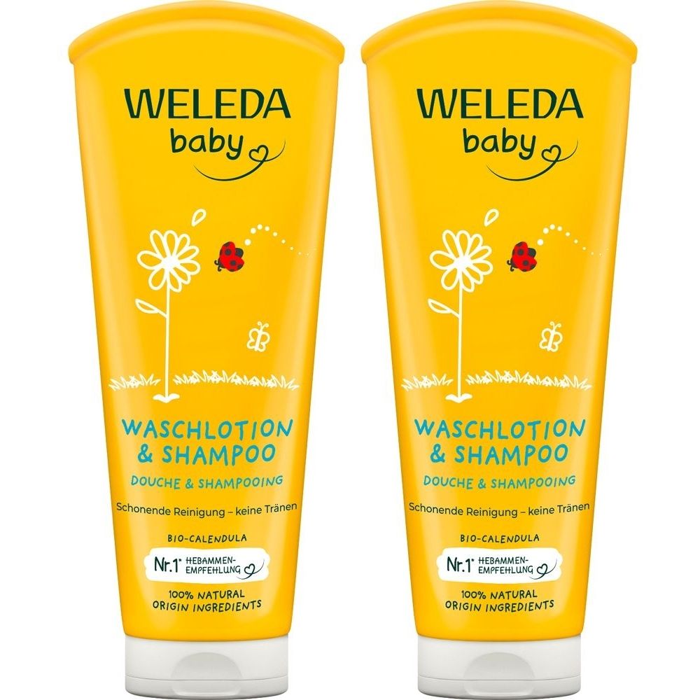 Zwei gelbe Flaschen mit Aufschrift WELEDA baby. Auf jeder Flasche: Waschlotions- und Shampoo-Text, Illustrationen und Logos.