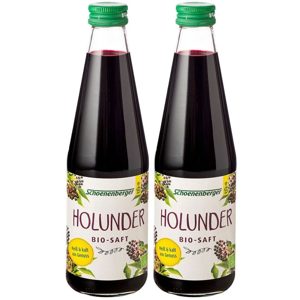 Zwei Glasflaschen mit grünem Deckel. Auf dem Etikett steht "Holunder Bio-Saft" von Schoenenberger.