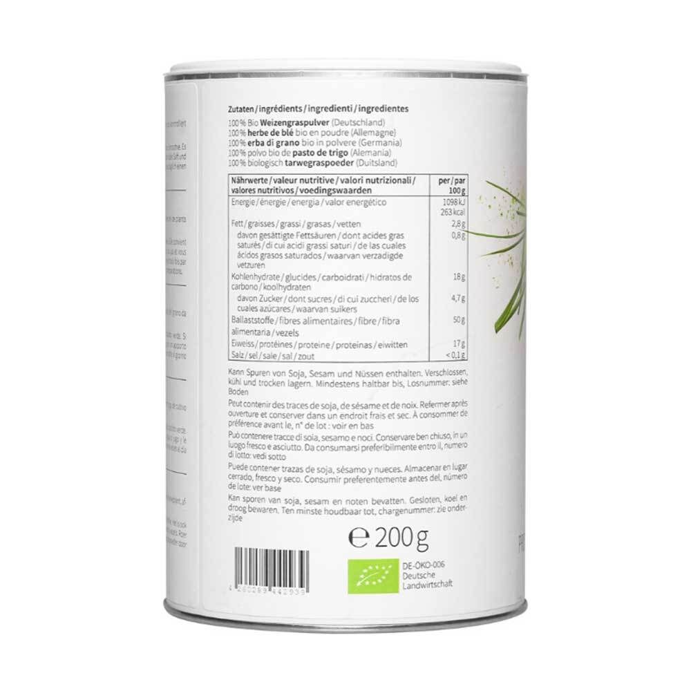 Rückseite einer Dose nu3 Bio Weizengras Pulver. Nährwertangaben und Zutatenliste. Bio-Siegel.