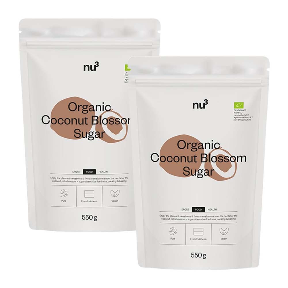 Zwei Beutel nu3 Organic Coconut Blossom Sugar. Weiße Verpackung mit braunem Logo und Produktbezeichnung. 550g.