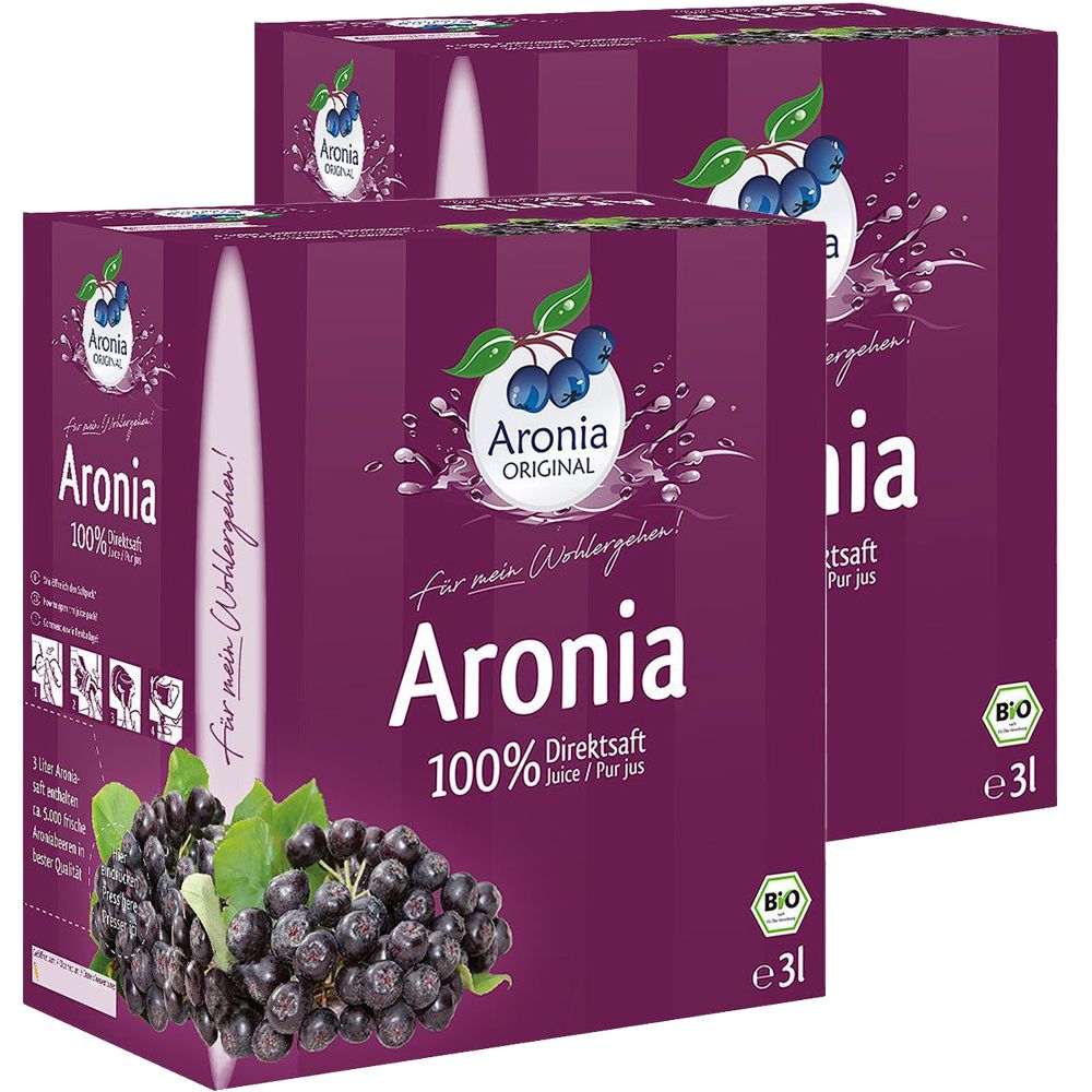 Zwei Kartonverpackungen mit Aufschrift Aronia Original Direktsaft. Aufdruck: 100% Juice/Pur jus. Bio-Siegel. Abbildung von Aroniabeeren.