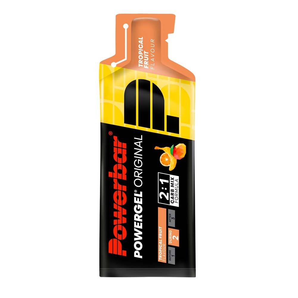 PowerBar Powergel Original Tropical Fruit. Gelpackung mit gelbem und schwarzem Design. Enthält eine Abbildung von Früchten.