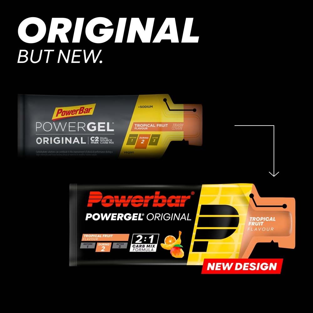 PowerBar Powergel Original. Zwei Gelpackungen mit gelbem und schwarzem Design. Text: Tropical Fruit, 2:1 Carb Mix Formula.