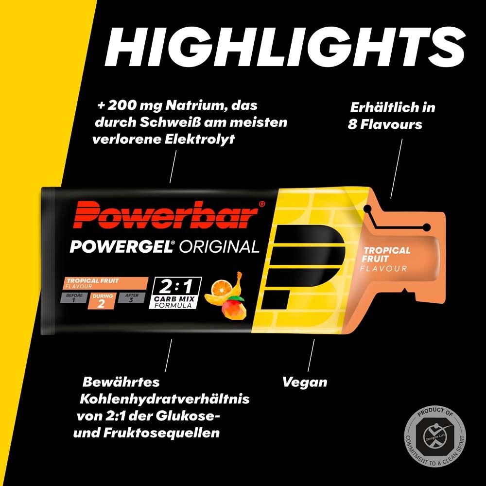 PowerBar Powergel Original Tropical Fruit. Gelpackung mit gelbem und schwarzem Design. Text: 2:1 Carb Mix Formula, Vegan.