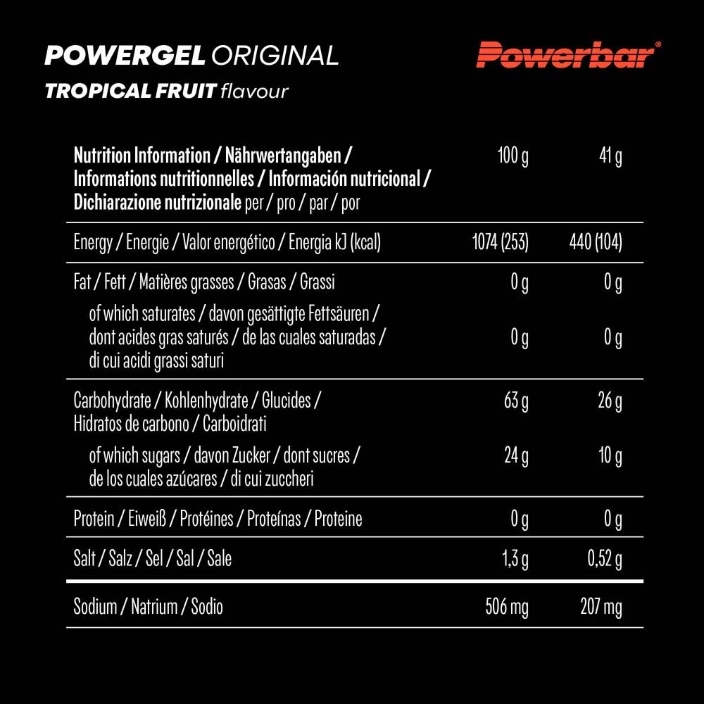 Nährwertangaben für PowerBar Powergel Original Tropical Fruit. Tabelle mit Informationen zu Energie, Fett, Kohlenhydraten, Protein und Salz.