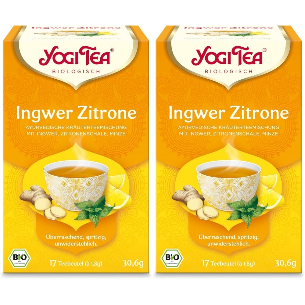 Zwei Packungen YOGI TEA® Ingwer Zitrone. Gelbe Verpackung mit Produktnamen, Illustrationen von Ingwer, Zitrone und Teebeutel. Bio-Siegel.