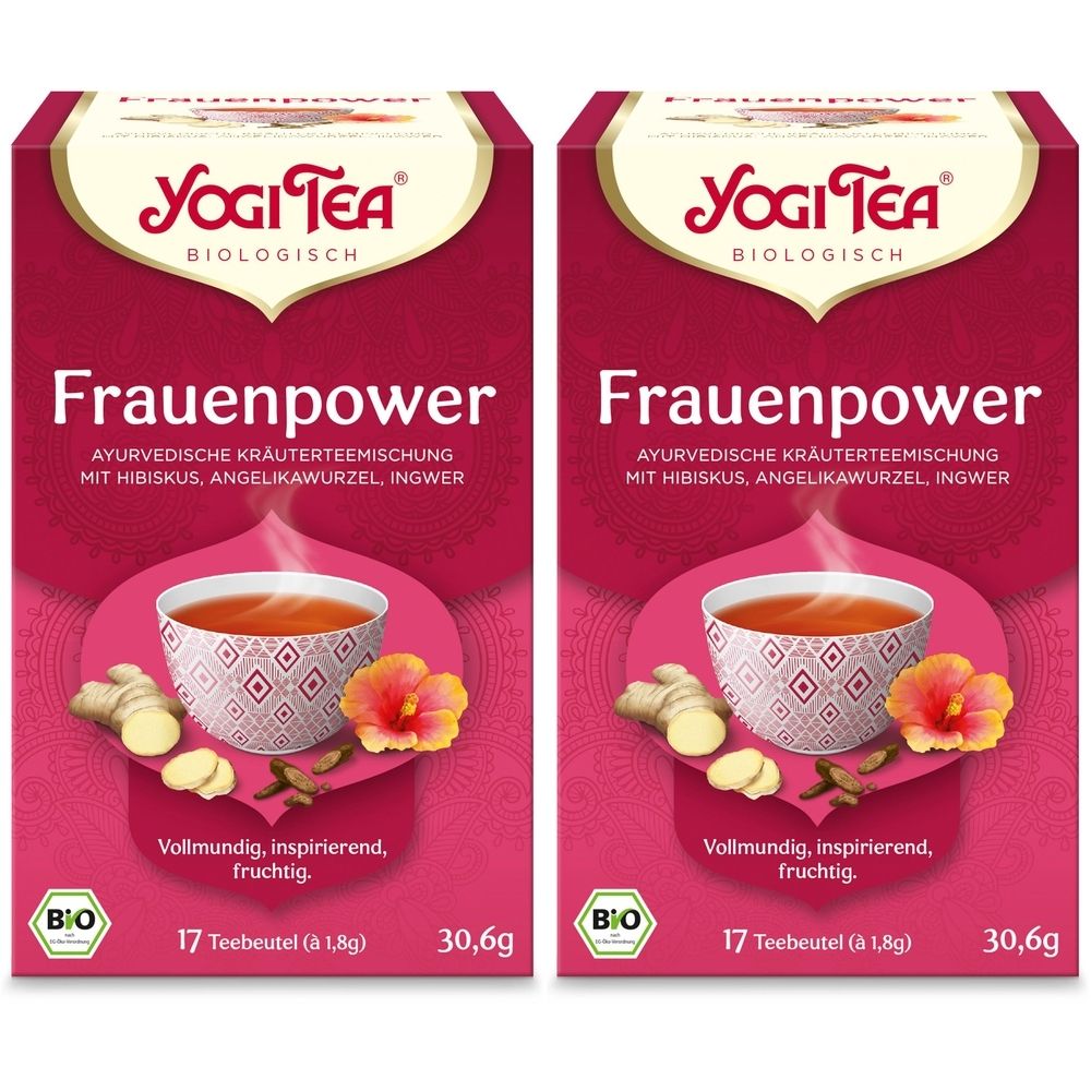 Zwei Packungen YOGI TEA® Frauenpower Kräutertee. Rote Verpackung mit Logo, Produktname und Zutaten. Bio-Siegel und 17 Teebeutel.