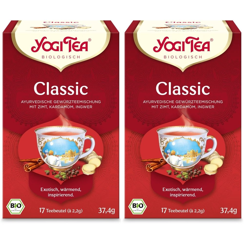 Zwei rote Kartons YOGI TEA® Classic. Aufdrucke: Logo, Produktname, ayurvedische Gewürzteemischung, 17 Teebeutel, 37,4g, Bio-Siegel.