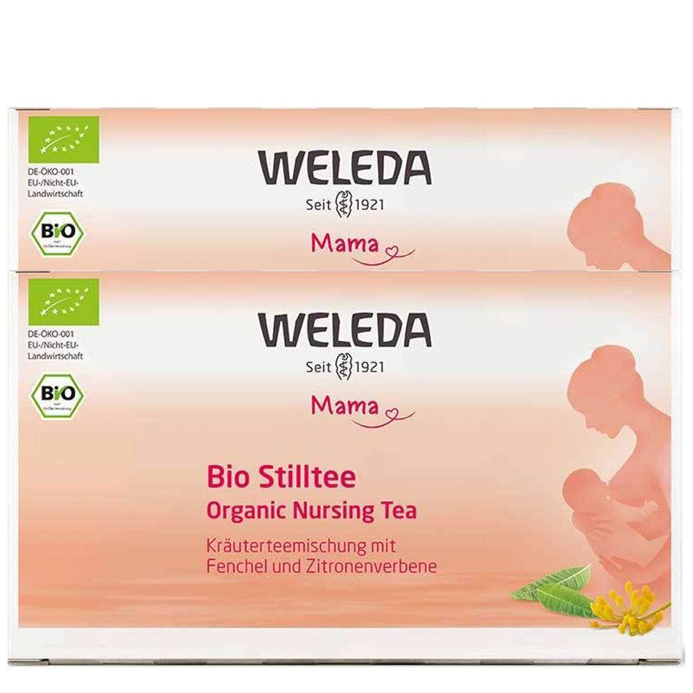 Verpackung mit zwei Stilltee-Packungen. Aufdruck: WELEDA, Bio Stilltee, Mama. Mit Bio-Siegel.
