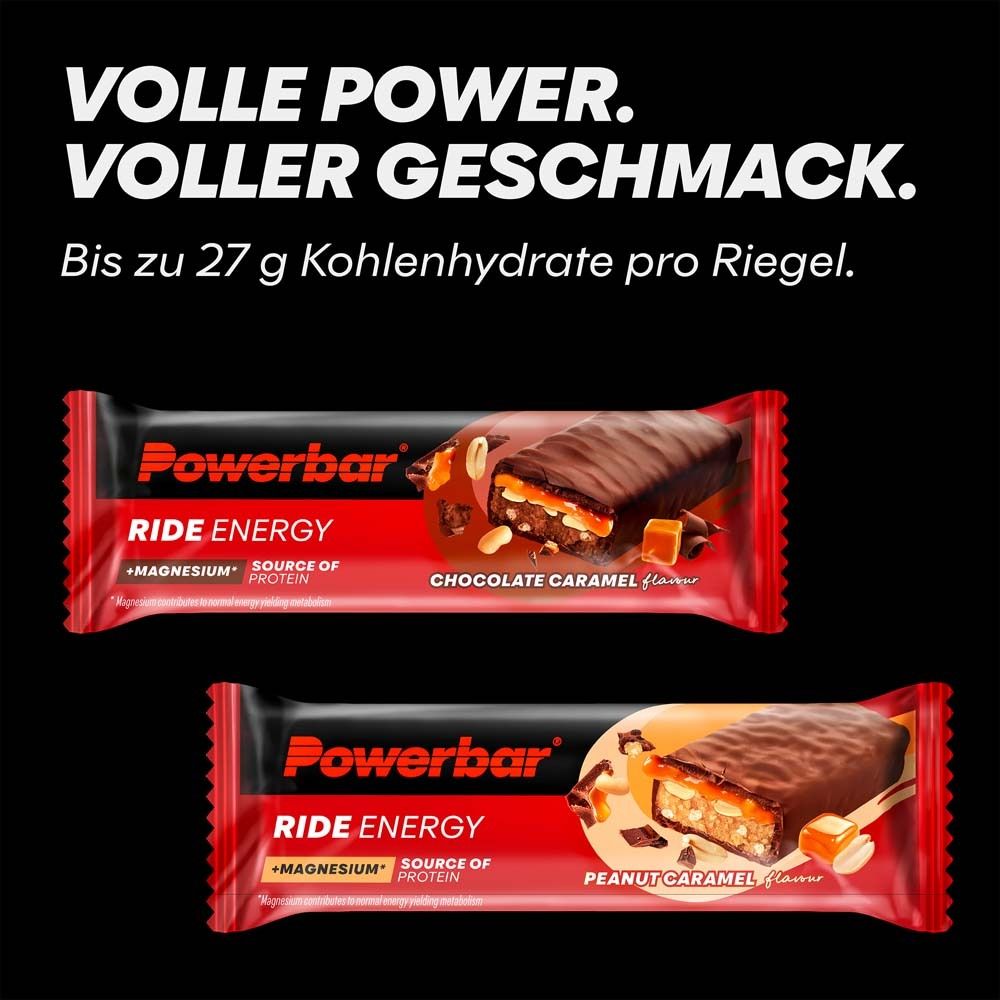 Zwei PowerBar Ride Energy Riegel, Erdnuss-Karamell und Schoko-Karamell. Schwarzer Hintergrund mit Text: Volle Power. Voller Geschmack.