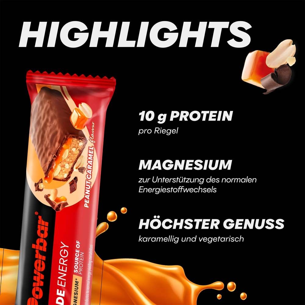 PowerBar Ride Energy Riegel, Erdnuss-Karamell. Roter Hintergrund mit Text: Highlights. 10 g Protein. Magnesium. Höchster Genuss.