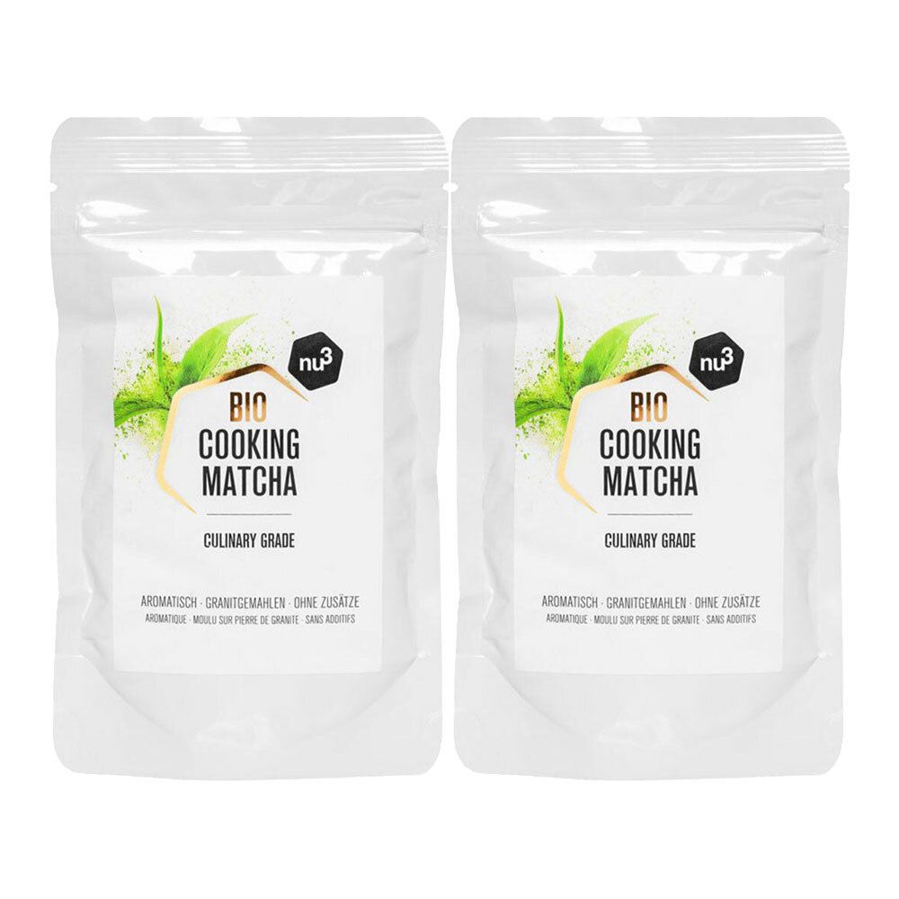 Zwei Beutel nu3 Bio Kitchen Matcha. Aufdruck: Bio Cooking Matcha, Culinary Grade. Aromatischer, granulatgewählter, ohne Zusätze.