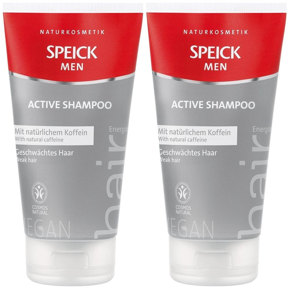 Zwei Tuben Speick Men Active Shampoo. Rote und graue Verpackung. Text: Naturkosmetik, Active Shampoo, Mit natürlichem Koffein, Vegan.