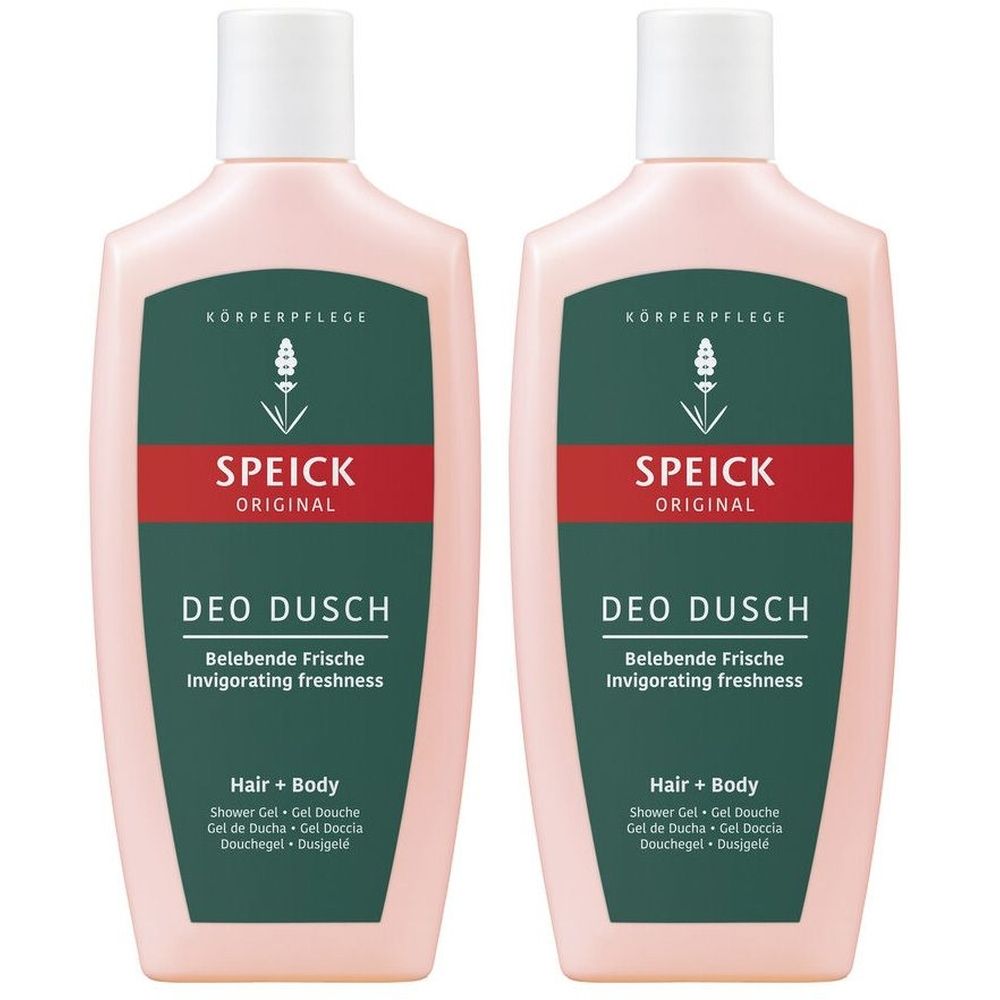 Zwei rosa Flaschen mit weißem Deckel. Aufdruck: SPEICK ORIGINAL, DEO DUSCH, Belebende Frische. Grün-rotes Etikett.