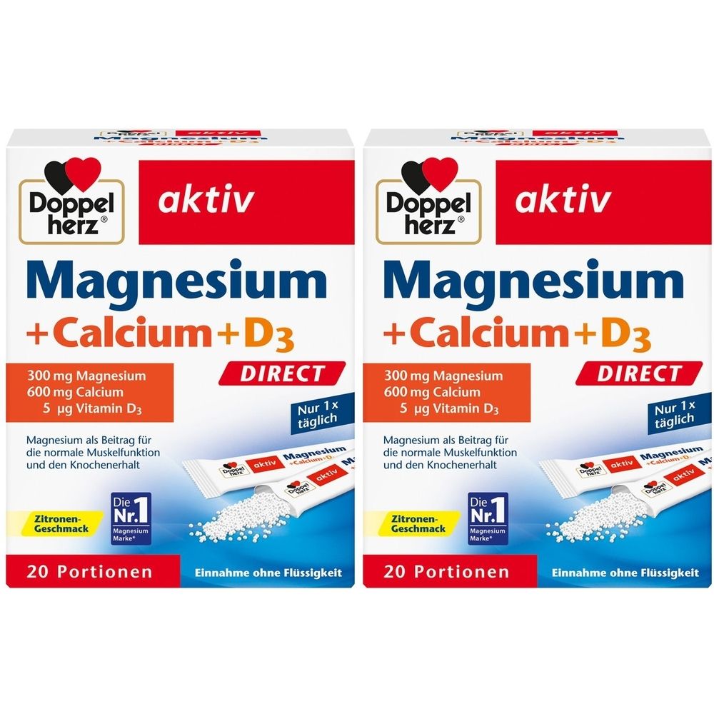 Zwei Packungen Doppelherz aktiv Magnesium + Calcium + D3 DIRECT. Weiße Verpackung mit rotem Akzent. Enthält 20 Portionen. Zitronen-Geschmack.