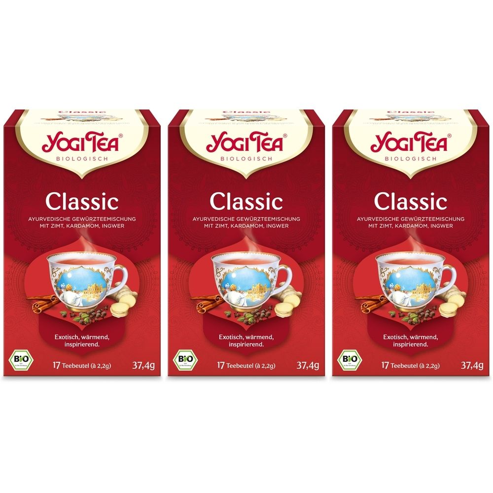 Drei Packungen YOGI TEA® Classic. Rote Kartons mit Logo, Produktname und Abbildung einer Tasse Tee. Bio-Siegel.