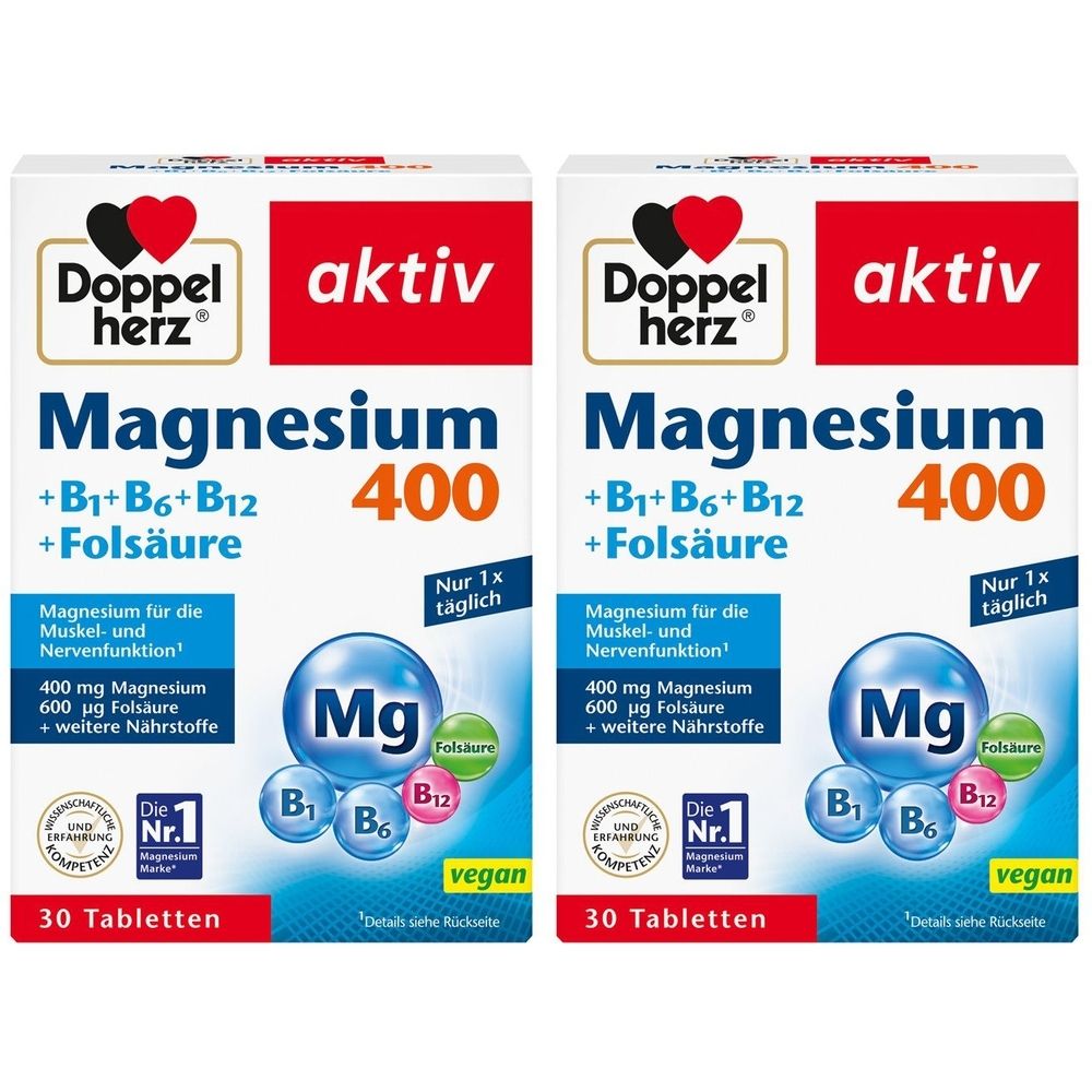 Zwei Packungen Doppelherz Magnesium 400 + B1 + B6 + B12. Weiße Verpackung mit rotem Akzent. Enthält 30 Tabletten. Vegan.