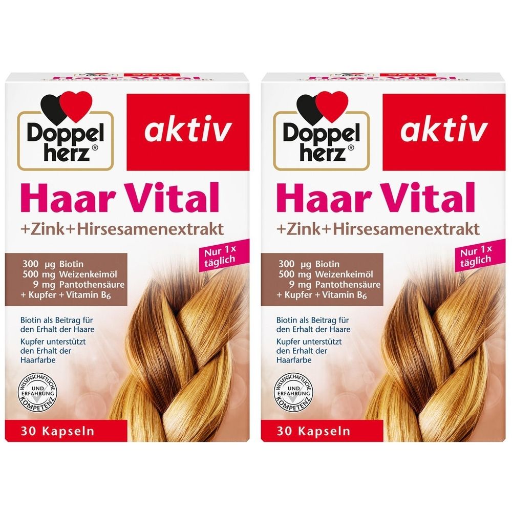 Zwei Packungen Doppelherz aktiv Haar Vital. Aufschrift: Haar Vital + Zink + Hirseextrakt. 30 Kapseln. Mit Biotin, Weizenkeimöl, Pantothensäure, Kupfer, Vitamin B6.