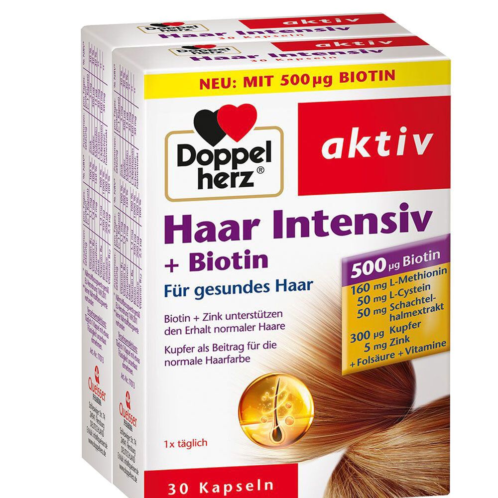 Verpackung von Doppelherz aktiv Haar Intensiv + Biotin. Enthält 30 Kapseln. Aufschrift: Haar Intensiv, Biotin, Für gesundes Haar.