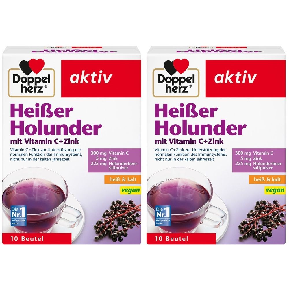 Zwei Packungen Doppelherz aktiv Heißer Holunder mit Vitamin C + Zink. Jede Packung enthält 10 Beutel. Vegan.