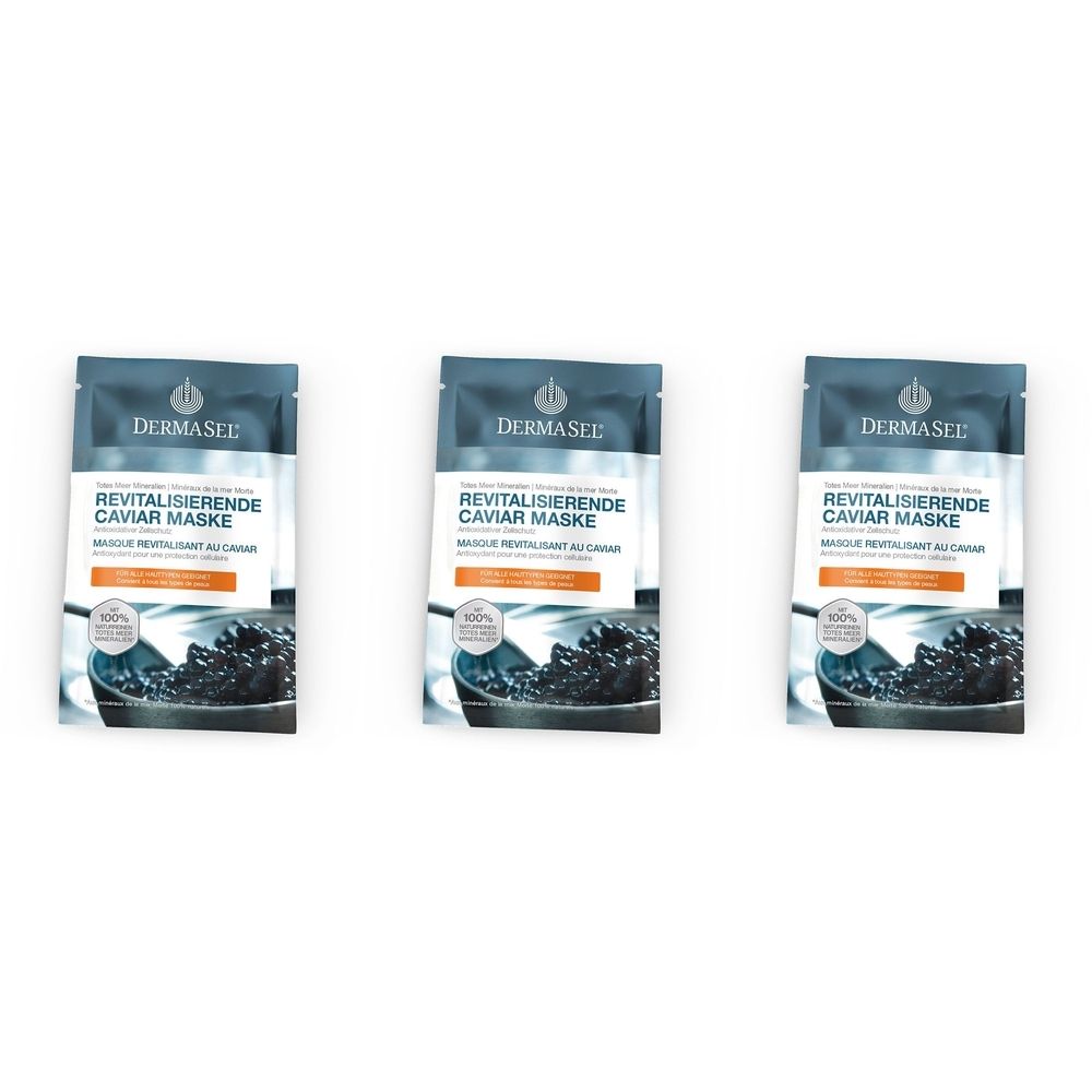 Drei Beutel mit Gesichtsmaske. Aufschrift: DERMASEL, REVITALISIERENDE CAVIAR MASKE. Abbildung von Kaviar. 100% natürliche Inhaltsstoffe.