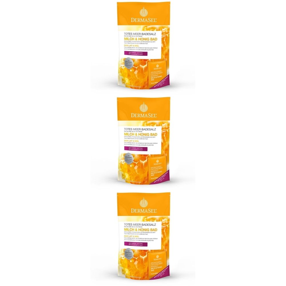 Drei orangefarbene Beutel mit Produktinformationen. Aufschrift: DERMASEL, Totes Meer Badesalz, Milch & Honig Bad.