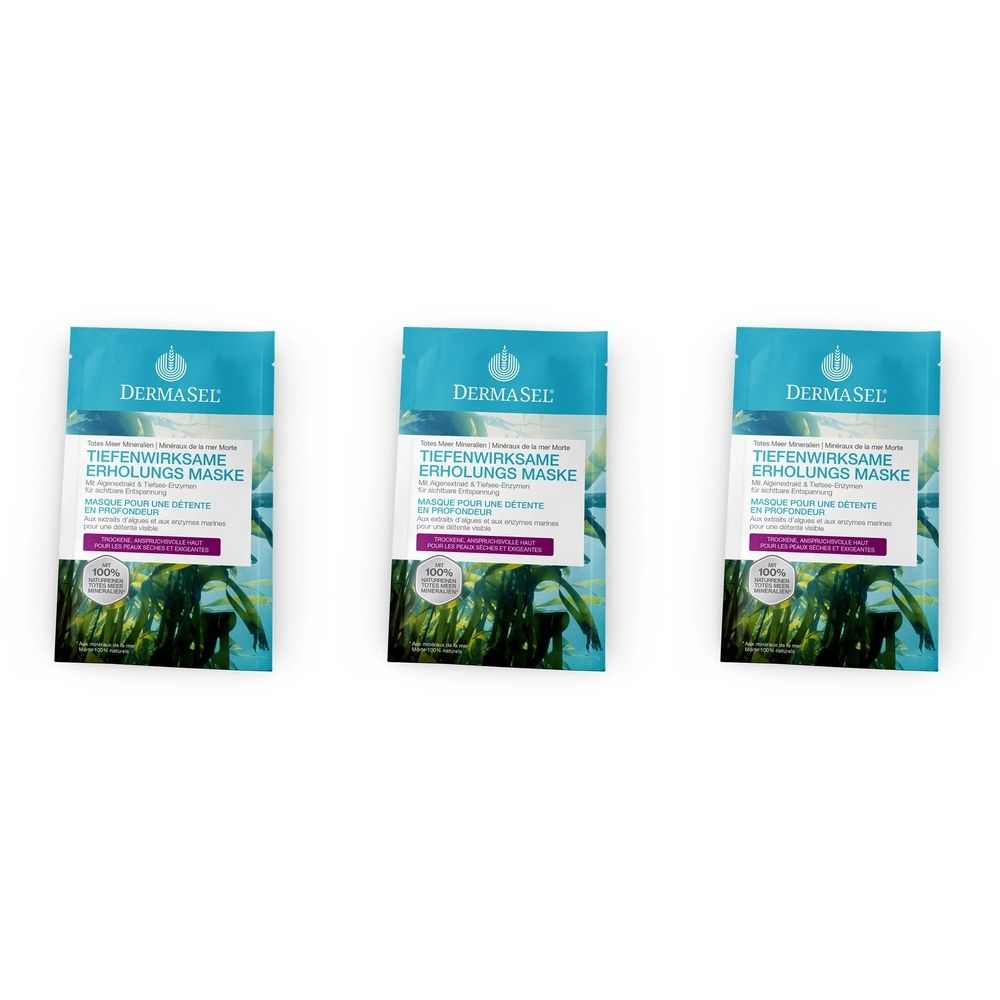 Drei blaue Beutel mit Produktaufdruck. Aufschrift: DERMASEL, Tiefenwirksame Erholungs Maske. Mit Logo und Pflanzenmotiv.