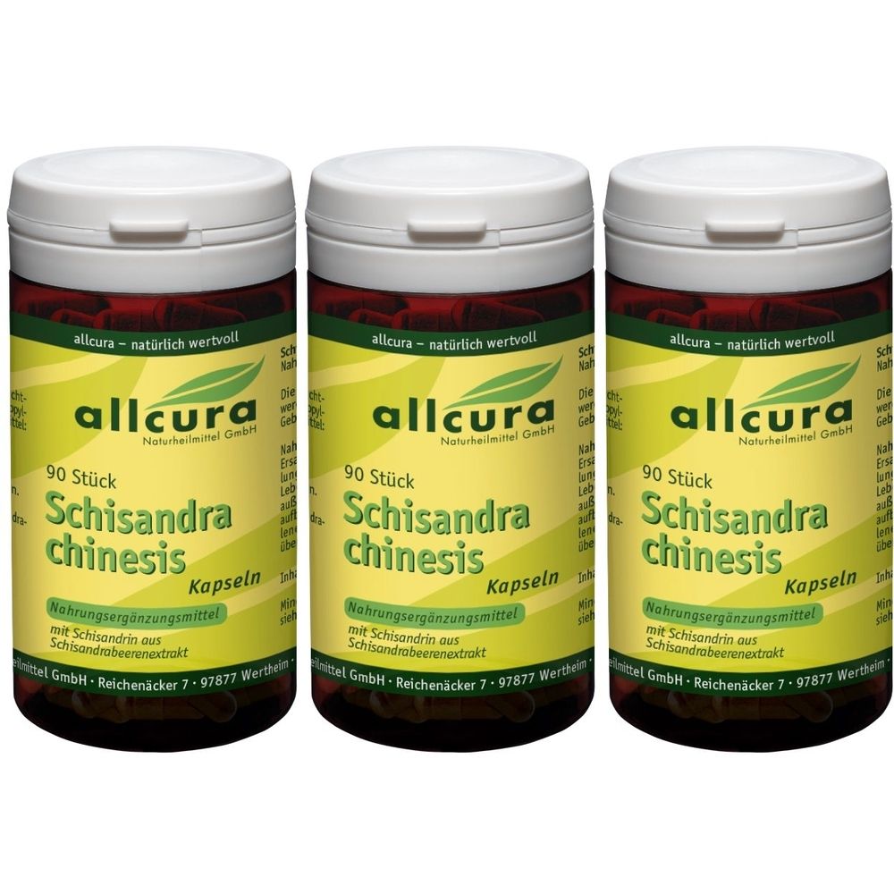 Drei Flaschen allcura Schisandra chinensis Kapseln. Weiße Deckel, gelbe Etiketten mit Schriftzug und Logo.