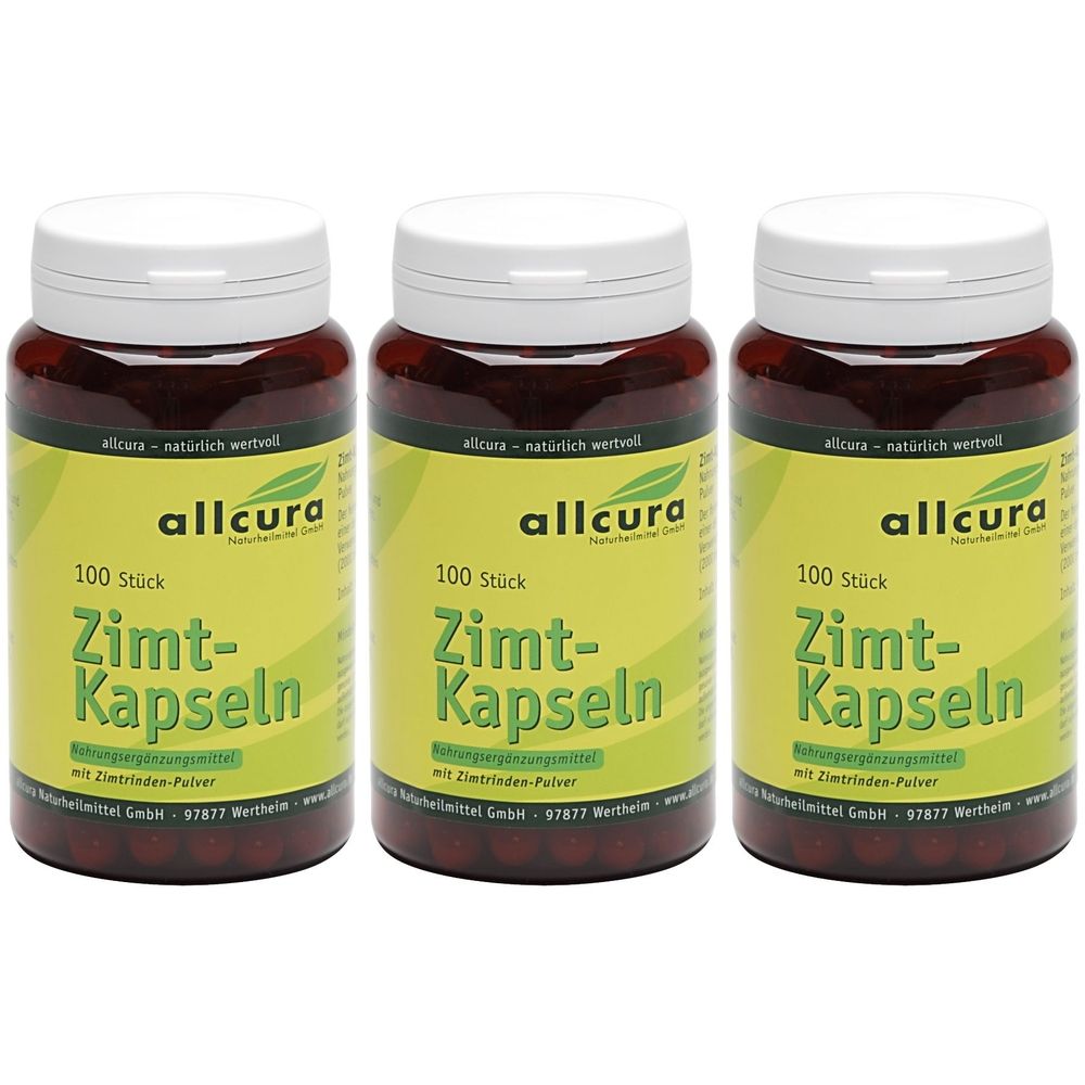 Drei braune Pillendosen mit weißen Deckeln. Auf den Etiketten steht "allcura Zimt-Kapseln". Jede Dose enthält 100 Stück.